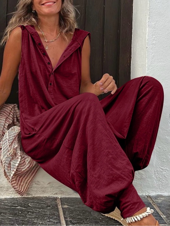 Unbranded Pants - 2378-Boho Oversized Hooded Harem Jumpsuit Sleeveless Henley Red Large